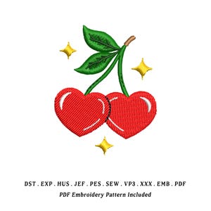 May include: An embroidered design of two red heart-shaped cherries with green leaves and stem, and yellow star accents. The text at the bottom reads "PDF Embroidery Pattern Included".