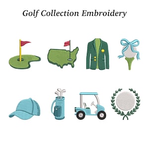Puede incluir: Diseños bordados con temática de golf, que incluyen una bandera de golf sobre un green, un mapa de EE. UU. con una bandera, una blazer verde, una pelota de golf con un lazo azul, una gorra azul, una bolsa de golf con palos, un carrito de golf y una corona.