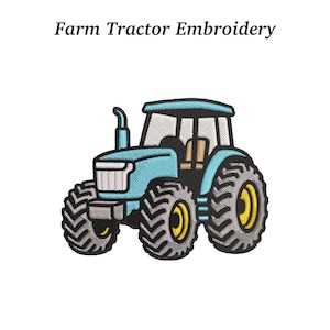 May include: Embroidered image of a light blue farm tractor with black and gray tires and yellow accents. The tractor has a white grill and a black interior. The text "Farm Tractor Embroidery" is above the tractor.