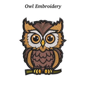 Könnte beinhalten: Gesticktes Eulen-Design in Braun-, Gold- und Weißtönen, auf einem grünen Ast sitzend. Die Eule hat große, runde Augen und ein detailliertes Federmuster. Der Text "Owl Embroidery" befindet sich über der Eule.