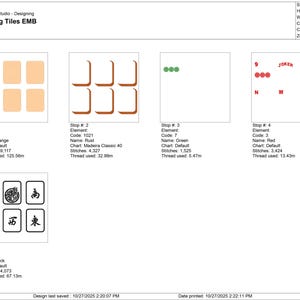 May include: A design for Mahjong tiles, featuring various tile arrangements and individual tiles. The design includes orange, rust, green, red, and black elements. The image also includes text indicating the design's elements and thread usage.