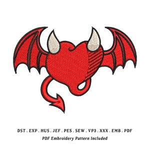 May include: Embroidered red heart with devil wings, horns, and a tail. The design includes the text "PDF Embroidery Pattern Included" and file type abbreviations. This design is suitable for embroidery projects.