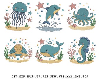 Cute Underwater Ocean Animals Embroidery Designs Bundle, EMB Included – Instant Download