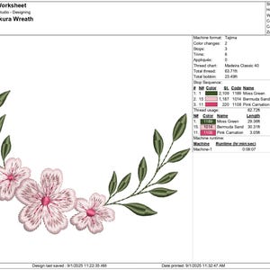 May include: An embroidered half sakura wreath design. The design features pink flowers with green leaves and stems. The text "Half Sakura Wreath" is at the top of the image. The design is 3.68 inches wide and 2.78 inches high.