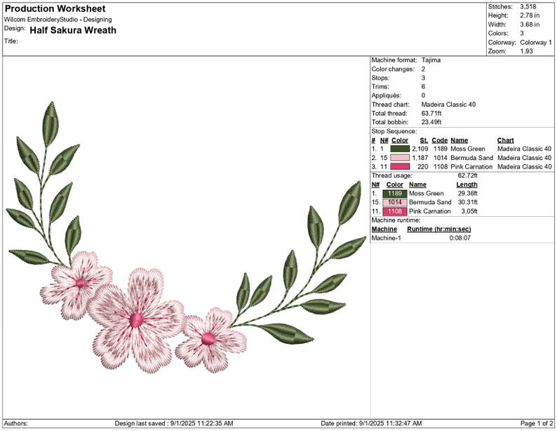 May include: An embroidered half sakura wreath design. The design features pink flowers with green leaves and stems. The text "Half Sakura Wreath" is at the top of the image. The design is 3.68 inches wide and 2.78 inches high.