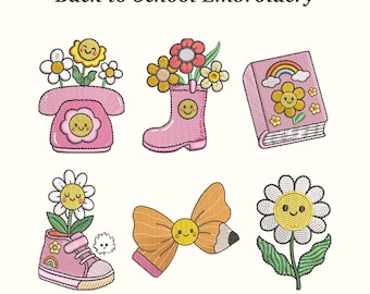 Back to School Embroidery Design Bundle: Daisy, Pencil, Book (3 Sizes) EMB Included