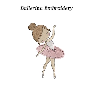 Puede incluir: Diseño bordado de una bailarina en pose elegante. La bailarina tiene cabello castaño recogido en un moño, un maillot blanco y un tutú rosa. El texto "Ballerina Embroidery" está encima de la bailarina.