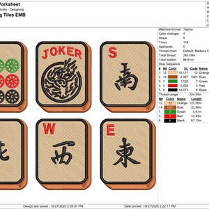 May include: Embroidered Mahjong tiles featuring various symbols and numbers. The tiles include the number 9 with green, red, and black circles, a "JOKER" tile, and tiles with Chinese characters. The design is set against a tan background.