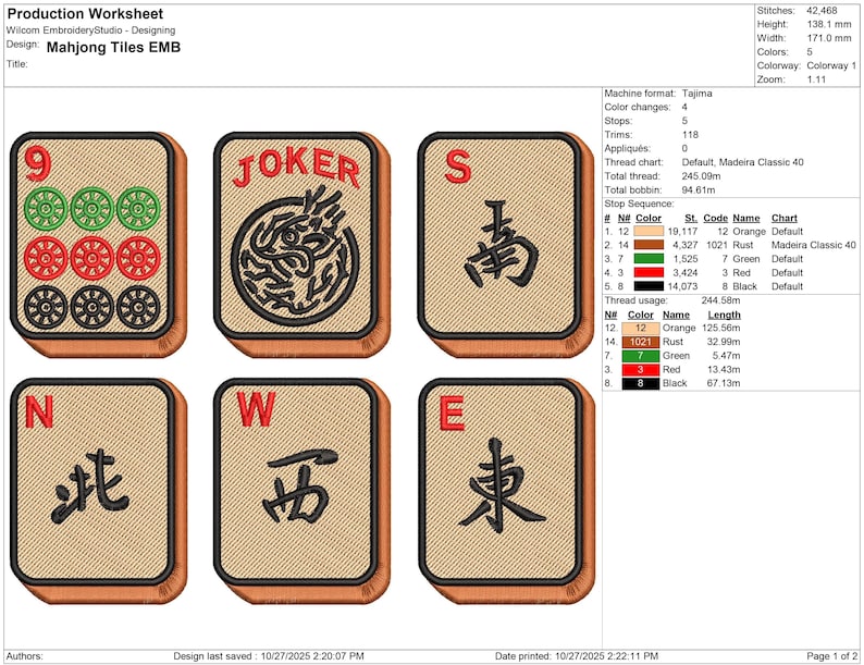 May include: Embroidered Mahjong tiles featuring various symbols and numbers. The tiles include the number 9 with green, red, and black circles, a "JOKER" tile, and tiles with Chinese characters. The design is set against a tan background.