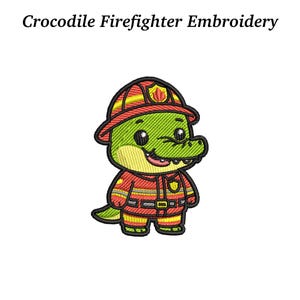 May include: Embroidered patch featuring a cartoon crocodile dressed as a firefighter. The crocodile is green with a red and yellow firefighter uniform and helmet. The text "Crocodile Firefighter Embroidery" is above the image.