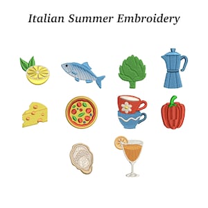 May include: Embroidered Italian Summer designs featuring a lemon, fish, artichoke, coffee maker, cheese, pizza, stacked teacups, red pepper, oyster, and a cocktail. The text "Italian Summer Embroidery" is at the top.