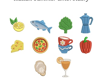 Diseños de bordado de iconos de verano italianos, cocina mediterránea (EMB incluido)