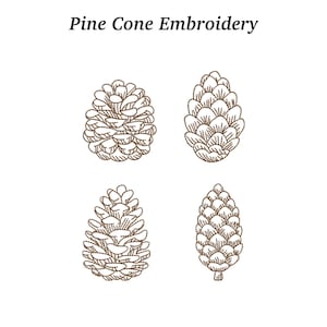 Może przedstawiać: Cztery brązowe wzory haftu szyszek na białym tle. Tekst "Pine Cone Embroidery" znajduje się u góry. Szyszki różnią się kształtem i rozmiarem, z szczegółowymi ściegami.