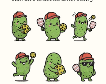 May include: Kawaii Pickleball Embroidery design featuring six embroidered pickle characters. Each character is a green pickle wearing a red cap, holding a paddle or pickleball. The text "Kawaii Pickleball Embroidery" is at the top.