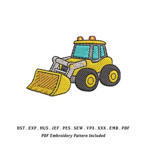 Op de afbeelding: Geborduurde gele en zwarte bulldozer met een voorlader en twee oranje lampen. De ramen zijn blauw. De tekst onderaan luidt "PDF Embroidery Pattern Included".