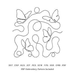 May include: Black and white embroidery pattern featuring a continuous line design of butterflies. The design includes several butterflies and looping lines. Text at the bottom reads "PDF Embroidery Pattern Included."