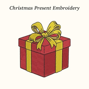 Op de afbeelding: Geborduurd beeld van een rode geschenkdoos met een gele strik en gele verticale strepen. De tekst "Christmas Present Embroidery" staat boven de geschenkdoos.