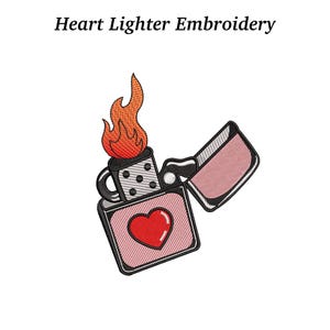 May include: Embroidered design of a lighter with a red heart on the front and flames. The lighter is open, with a pink interior and a black outline. The text "Heart Lighter Embroidery" is at the top.