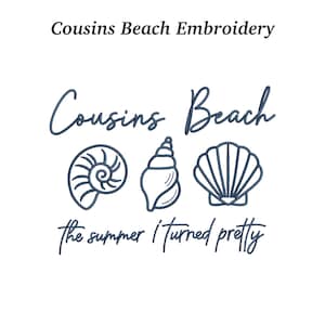May include: White background with navy blue text and illustrations. The text reads "Cousins Beach Embroidery" and "Cousins Beach" above three seashell illustrations. Below the seashells is the text "the summer I turned pretty".