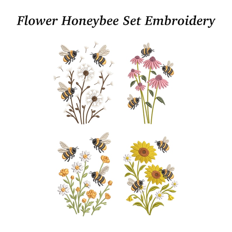 K&ouml;nnte beinhalten: Ein Set aus vier Stickmustern mit Blumen und Honigbienen. Die Designs umfassen wei&szlig;e G&auml;nsebl&uuml;mchen, rosa Sonnenh&uuml;te, gelbe Sonnenblumen und andere Wildblumen. Jedes Design hat mehrere Bienen, die um die Blumen schwirren. Der Text "Flower Honeybee Set Embroidery" steht oben.