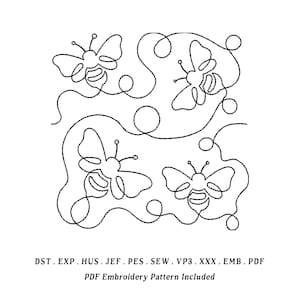 May include: Black and white line drawing of four bees with swirling lines. The image includes the text "DST. EXP. HUS. JEF. PES. SEW. VP3. XXX. EMB. PDF" and "PDF Embroidery Pattern Included".