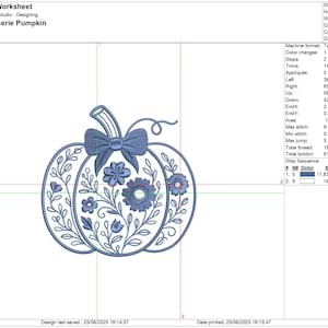 May include: An embroidered design of a pumpkin with floral and bow details. The pumpkin is filled with blue flowers and vines. The design is 3.94 inches high and 4.01 inches wide. The text "Chinoiserie Pumpkin" is at the top.