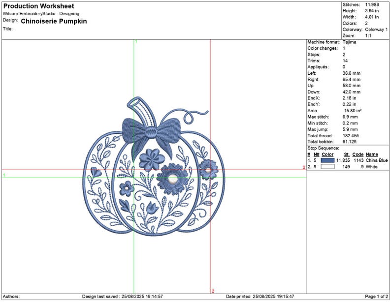 May include: An embroidered design of a pumpkin with floral and bow details. The pumpkin is filled with blue flowers and vines. The design is 3.94 inches high and 4.01 inches wide. The text "Chinoiserie Pumpkin" is at the top.