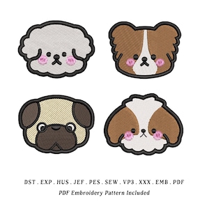 Broderidesigner för hundansikten – mops, shih tzu, bichon, cavalier kawaii-stil (EMB ingår)