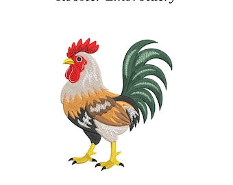 May include: Rooster embroidery design featuring a colorful rooster with a red comb, yellow beak and feet, and a green tail. The rooster has a tan and brown body with black accents. The text "Rooster Embroidery" is above the rooster.