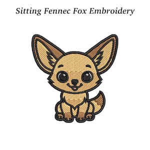 Puede incluir: Bordado de zorro fennec sentado. Un diseño de bordado de estilo caricatura de un zorro fennec sentado. El zorro tiene orejas grandes, un cuerpo marrón y ojos negros. El texto "Sitting Fennec Fox Embroidery" está encima del zorro.