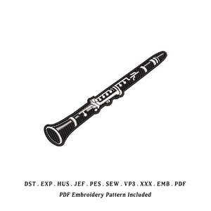 May include: Embroidered clarinet design in black and white. The instrument is depicted with detailed stitching and a textured look. The image includes the text "DST . EXP . HUS . JEF . PES . SEW . VP3 . XXX . EMB . PDF" and "PDF Embroidery Pattern Included".