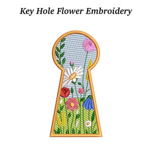 May include: Embroidered keyhole design with colorful flowers. The keyhole shape is outlined in gold, with a denim-like background. The text "Key Hole Flower Embroidery" is at the top.