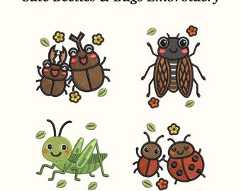 May include: Embroidered designs of cute beetles and bugs. The image features four different bug designs: two brown beetles, a brown and black cicada, a green grasshopper, and two red ladybugs. The text "Cute Beetles & Bugs Embroidery" is at the top.