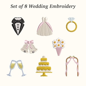 Pode incluir: Conjunto de 8 bordados de casamento. Inclui um smoking, um vestido de noiva, um anel de diamante, sinos, um buquê, taças de champanhe, um bolo em camadas e um arco. Os desenhos são em branco, preto, rosa e dourado.