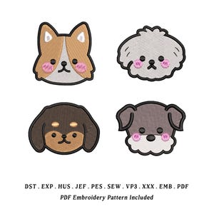 May include: Four embroidered dog face designs in brown, tan, and gray with pink cheeks and black eyes. The designs include a Corgi, a Poodle, a Dachshund, and a puppy. Text at the bottom reads "PDF Embroidery Pattern Included."