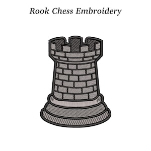 Puede incluir: Diseño bordado de una torre de ajedrez en tonos grises, con un patrón de ladrillos y contornos detallados. El texto "Rook Chess Embroidery" se muestra arriba. Ideal para proyectos de manualidades.