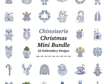 Chinoiserie Christmas Embroidery Bundle – 32 Festive Designs, EMB File Included – Instant Digital Download