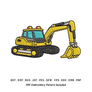 May include: Embroidered yellow excavator with black treads and a yellow arm and bucket. The excavator has a detailed design with a blue window and two red lights on top. The text "PDF Embroidery Pattern Included" is below the excavator.