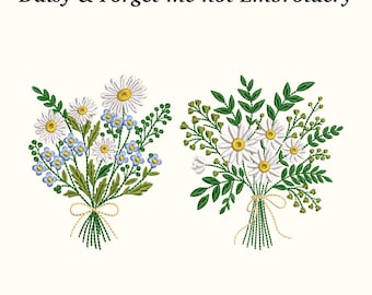 May include: Two embroidered floral bouquets. One features white daisies and blue forget-me-nots, the other showcases white daisies. Both are tied with gold thread and green stems. The text "Daisy & Forget-me-not Embroidery" is at the top.