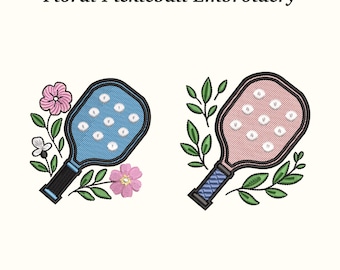 Floral Pickleball Racket Embroidery Design: Instant Download (EMB File Included) - 3 Sizes