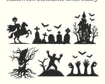 Halloween Silhouette Embroidery Design: Spooky Figures, Haunted House (Instant Download, EMB File Included)