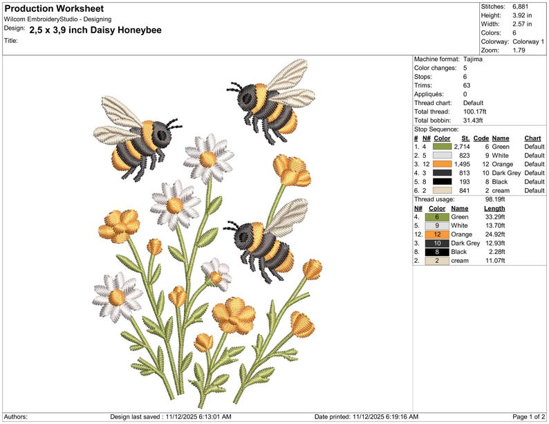 K&ouml;nnte beinhalten: Ein Stickdesign mit drei Bienen mit gelben und schwarzen Streifen, die &uuml;ber einem Cluster aus G&auml;nsebl&uuml;mchen und orangefarbenen Blumen schweben. Das Design ist 6,35 cm x 9,91 cm gro&szlig;.