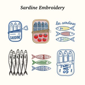 Może przedstawiać: Kolekcja haftowanych wzorów z sardynkami. Wzory obejmują otwarte puszki sardynek, sardynki z pomidorami i pojedyncze ryby w różnych kolorach. Tekst "Sardine Embroidery" znajduje się u góry obrazu.