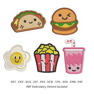 Zestaw 1 wzorów haftu Kawaii Food – słodka herbata bąbelkowa, jajko, hamburger, popcorn, taco | W zestawie EMB | Natychmiastowe pobranie