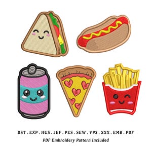 May include: Embroidered patches featuring cartoon food items: a sandwich, hot dog, pizza slice, soda can, and fries. Each patch has a smiling face. The text "PDF Embroidery Pattern Included" is at the bottom.