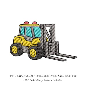 Könnte beinhalten: Gesticktes Design eines gelben Gabelstaplers mit schwarzen Reifen, einem grauen Hubgerüst und einer blauen Windschutzscheibe. Das Design enthält den Text "PDF Embroidery Pattern Included".