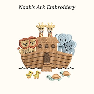 以下が含まれることがあります： ノアの箱舟の刺繍デザイン。キリン、ライオン、ゾウのペアが描かれています。アヒル2羽とカメ2匹も含まれています。「Noah's Ark Embroidery」の文字が上部にあります。