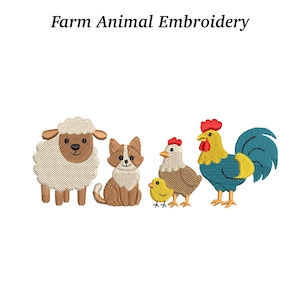 Könnte beinhalten: Gestickte Bauernhoftier-Designs, darunter ein Schaf, ein Hund, ein Huhn, ein Küken und ein Hahn. Der Text "Farm Animal Embroidery" steht oben. Die Tiere sind in verschiedenen Farben mit detaillierten Stickereien dargestellt.