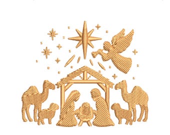 May include: Embroidered Nativity scene silhouette in gold thread. The design includes a star, angel, stable, camels, sheep, and figures representing Mary, Joseph, and baby Jesus. The text "Nativity Scene Silhouette Embroidery" is at the top.