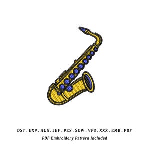 Pode incluir: Patch de saxofone bordado em ouro, azul e preto. O instrumento musical é retratado em um design detalhado e estilizado. A imagem inclui o texto "PDF Embroidery Pattern Included".